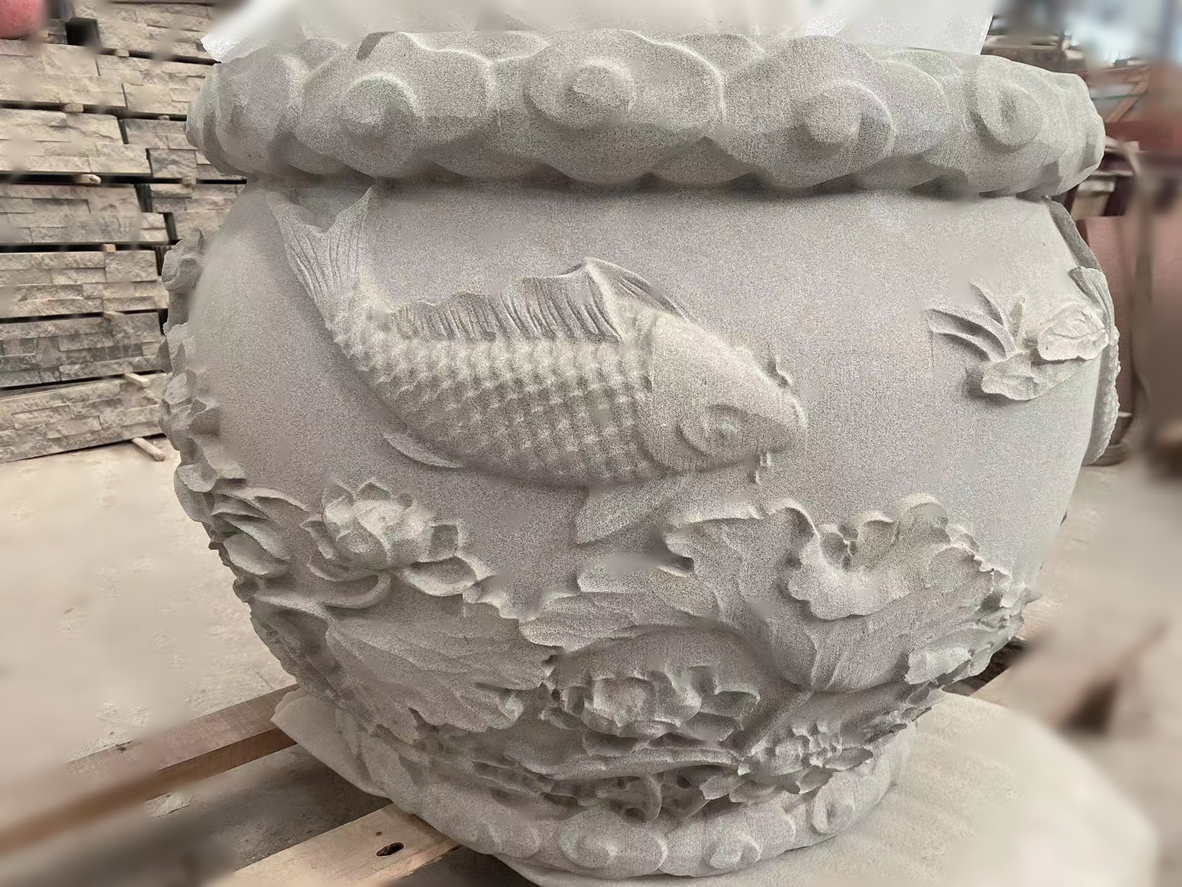 風水魚缸石雕圖片